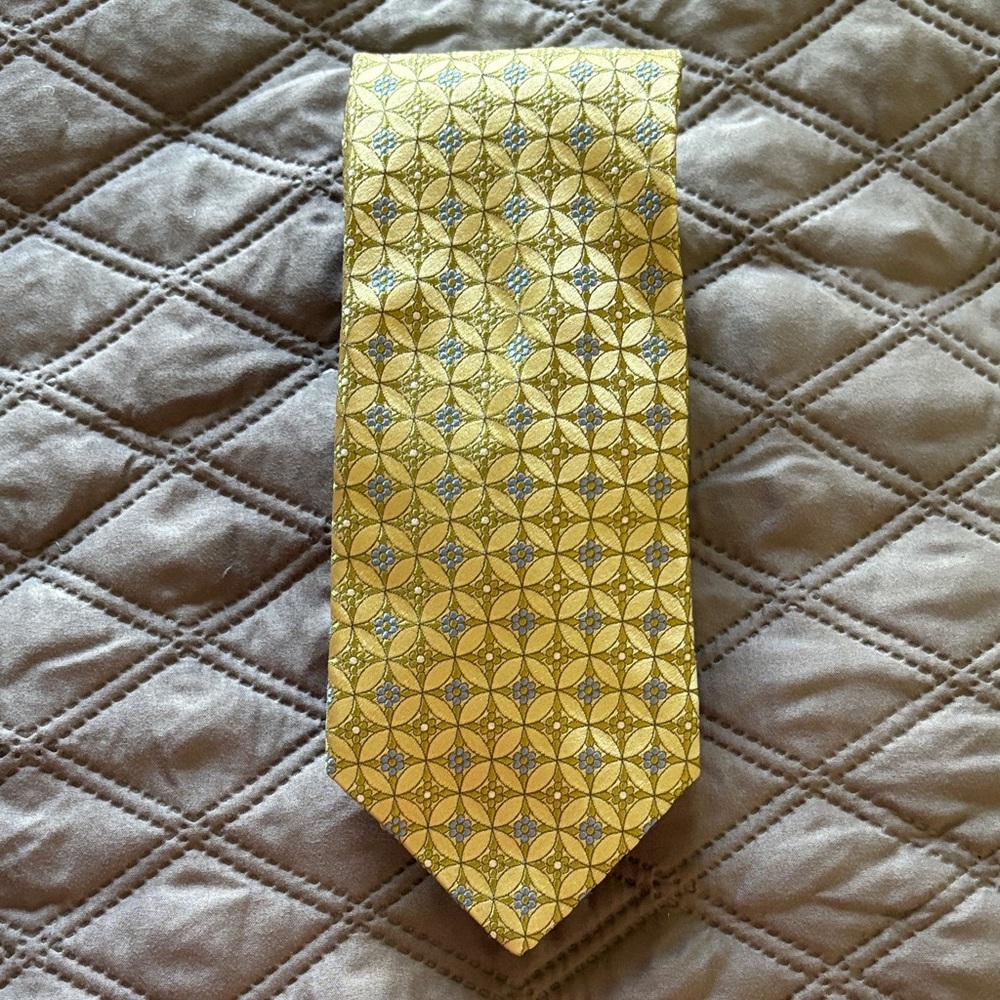 Ike Behar NY Yellow Blue Olive Floral Geometric Silk Tie Hand Tailored in USA